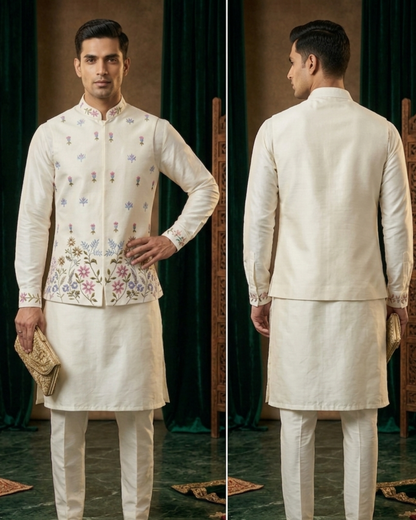 Ivory Wedding Groom Kurta Jacket Set, Bandhgala Nehru Jacket