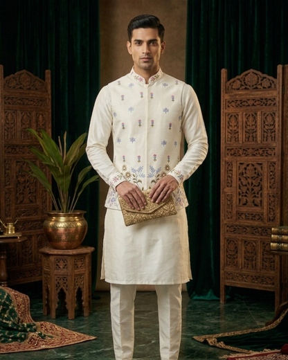 Ivory Wedding Groom Kurta Jacket Set, Bandhgala Nehru Jacket