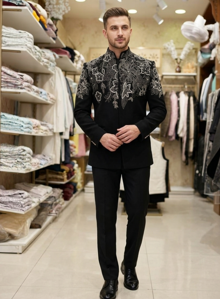 Black Luxury Embroidered Bandhgala Jacket for Men, Indo-Western Groom Outfit