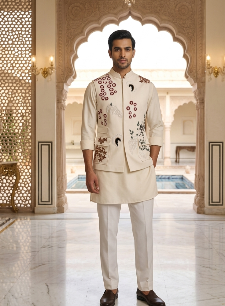 Ivory Artisan Nehru Jacket, Jacket Set for Wedding Groom