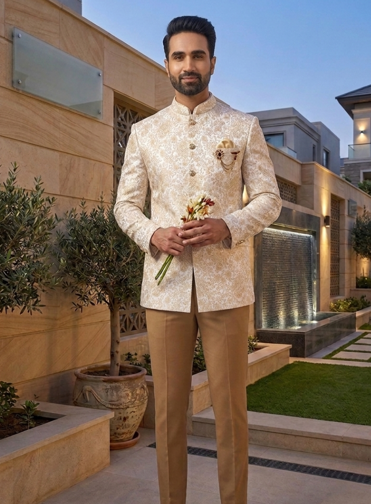 Customizable Beige Jodhpuri Suit in Luxurious Jacquard Fabric, Timeless Elegance, Tailored to You