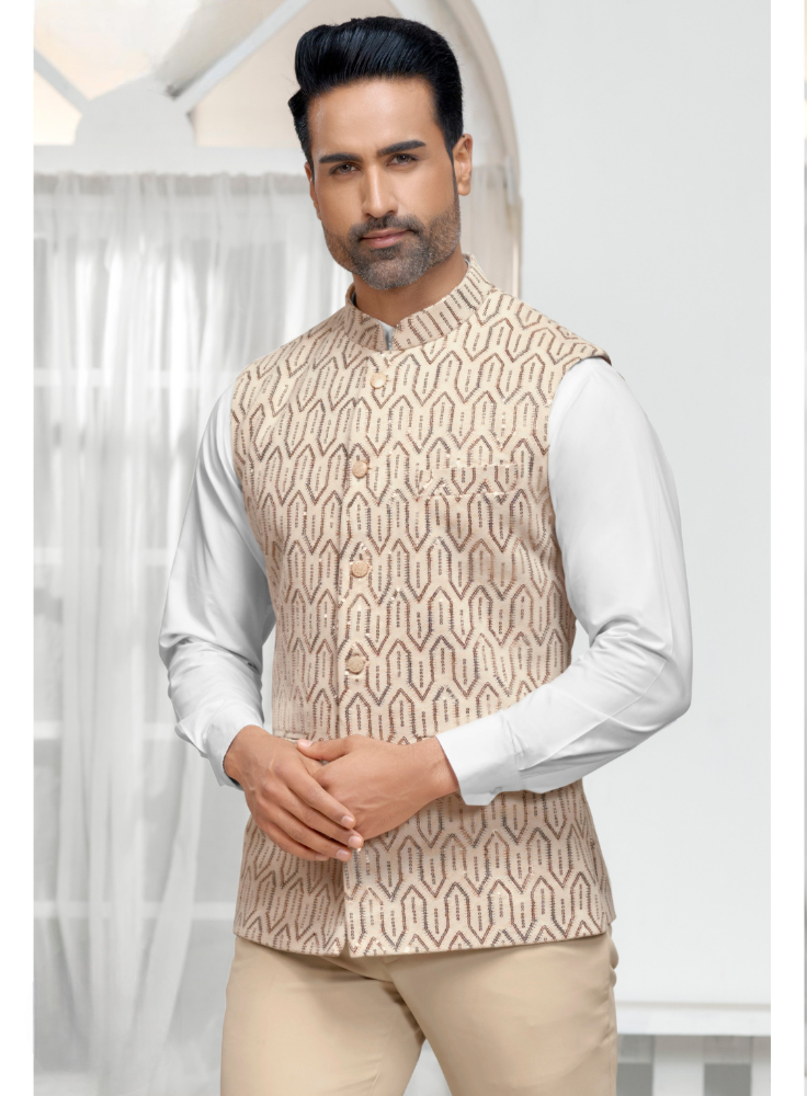 Ivory Nehru Jacket: Men's Beige Modi Vest, Indian Wedding Groom Attire