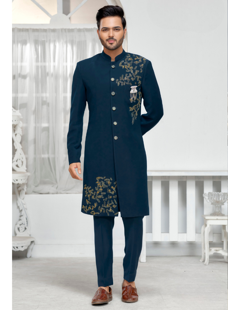 Blue Sherwani for Groom: Bollywood Bandhgala Suit