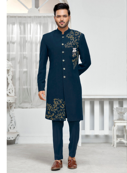 Blue Sherwani for Groom: Bollywood Bandhgala Suit