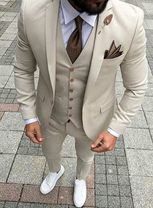 Beige 3-Piece Suit: Slim Fit One Button Wedding Groom Suit