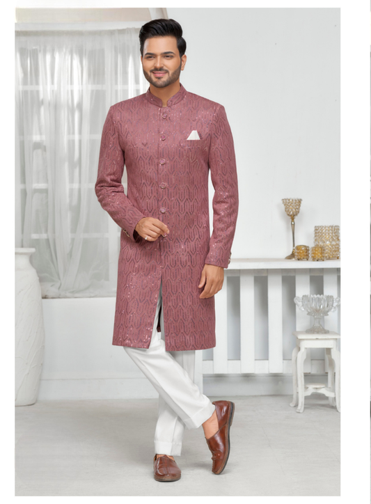 Dusty Rose Velvet Indo western Sherwani for Men, Groom Outfit