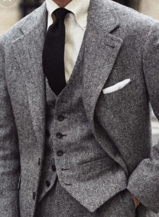 Bespoke Grey Tweed Herringbone 3 Piece Suit for Men