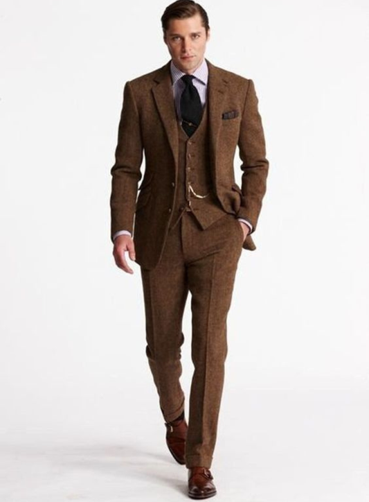 Terracotta Tweed Suit: Luxury Wool 3 Piece Wedding Suit