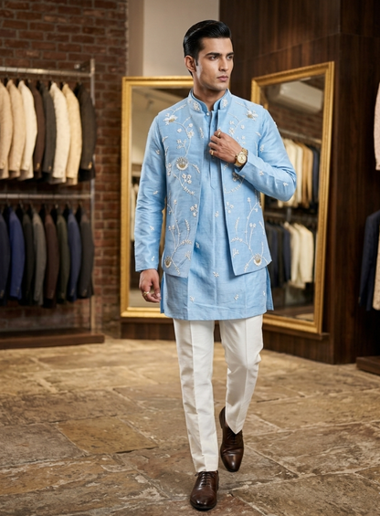 Powder Blue Elegant Groom Outfit: Embroidered Nehru Jacket Set with Kurta Pajama