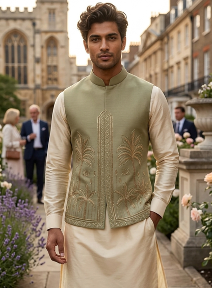 Sage Green Bandhgala Jacket with Beige Kurta Pajama Set