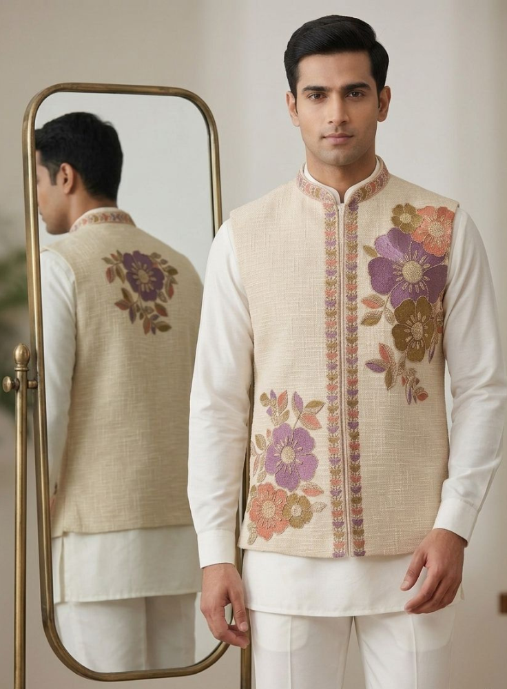 Men Floral Nehru Jacket Kurta Pajama Set | Khadi Linen Embroidered Nehru Jacket with Silk Kurta Set