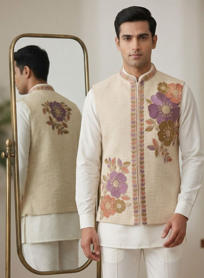 Men Floral Nehru Jacket Kurta Pajama Set | Khadi Linen Embroidered Nehru Jacket with Silk Kurta Set