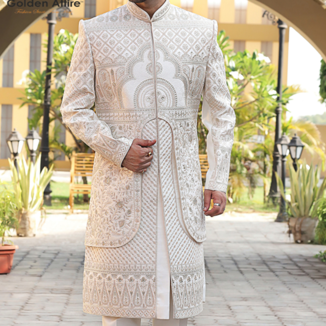 Royal Ivory Groom Sherwani | Double-Layered Shrug Design Sherwani