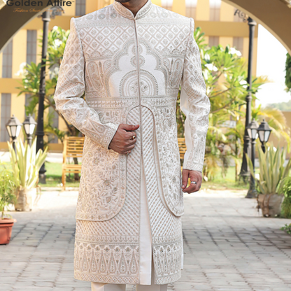 Royal Ivory Groom Sherwani | Double-Layered Shrug Design Sherwani