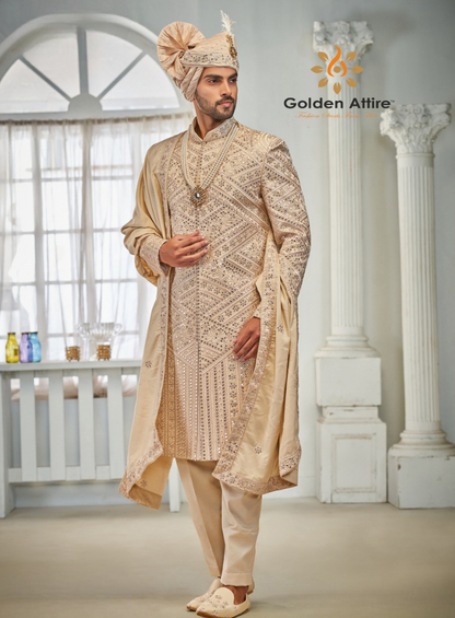 Beige wedding Sherwani, wedding Sherwani, Men sherwani, Groom Outfit, Groom Sherwani, Sherwani full set, Indian wedding Sherwani, Sherwani,