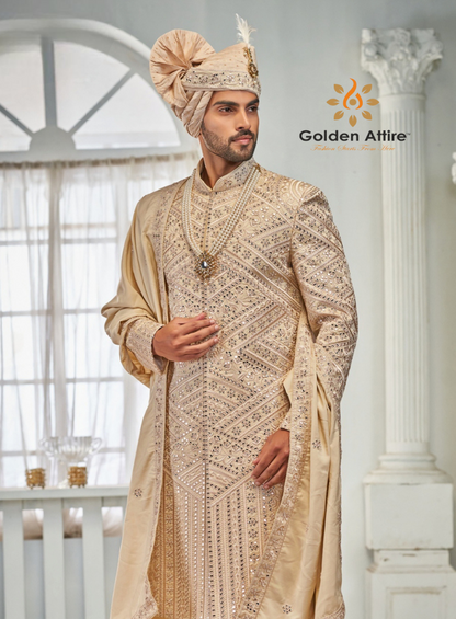Beige wedding Sherwani, wedding Sherwani, Men sherwani, Groom Outfit, Groom Sherwani, Sherwani full set, Indian wedding Sherwani, Sherwani,