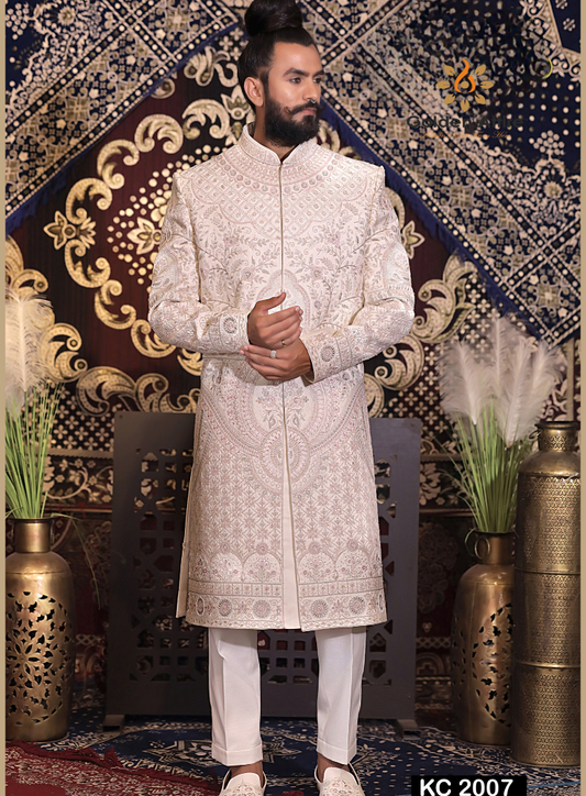 Rose Gold Dulha Sherwani Art Silk w/ Zardozi & Thread Embroidery