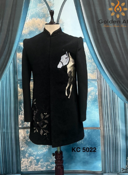 Black Indo-Western Sherwani for Groom, Horse Embroidery Zardozi Work