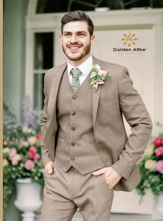 Tailored Groom Suit Comfortable Tan Brown & Fawn Tweed Wool 3-Piece Suit
