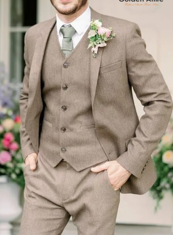 Tailored Groom Suit Comfortable Tan Brown & Fawn Tweed Wool 3-Piece Suit