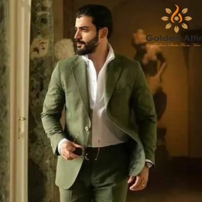 Custom Emerald Green Linen Groom Suit, Two-Piece Breathable Wedding Suit