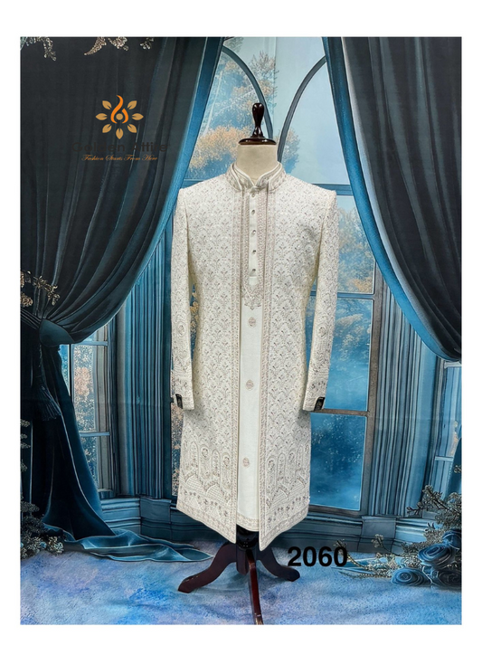 Ivory Indo-Western Sherwani Zardozi & Thread Embroidered Groom Wear Outfit