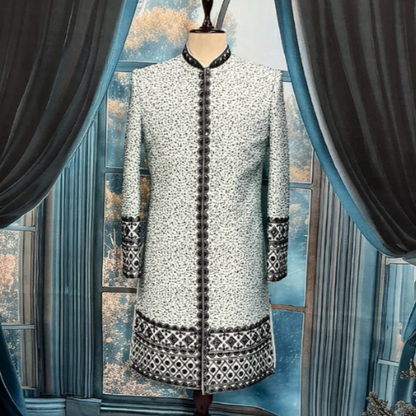 Light Sky Blue Indo-Western Sherwani, Black Embroidery, Elegant Groom outfit