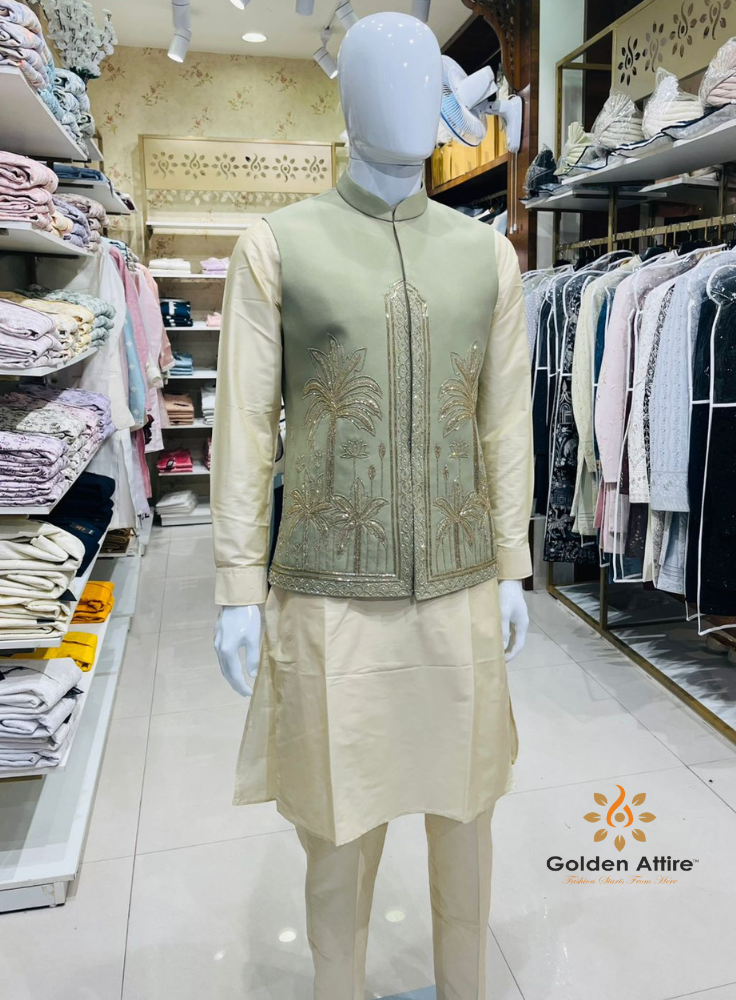Sage Green Bandhgala Jacket with Beige Kurta Pajama Set, Zardozi Embroidered Nehru Jacket Set,