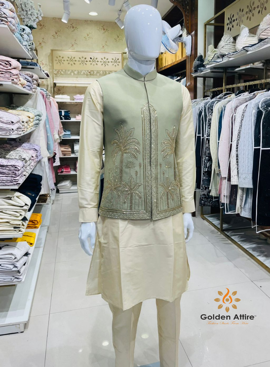 Sage Green Bandhgala Jacket with Beige Kurta Pajama Set, Zardozi Embroidered Nehru Jacket Set,