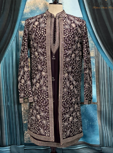 Wine Shrug Indo-Western Sherwani for Groom