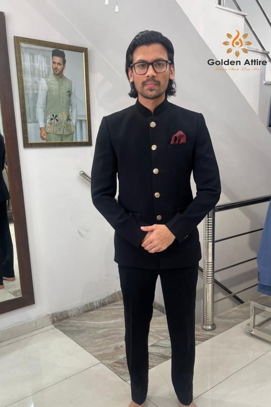 Black Bandhgala Suit , Elegant Jodhpuri Suits Custom Fit