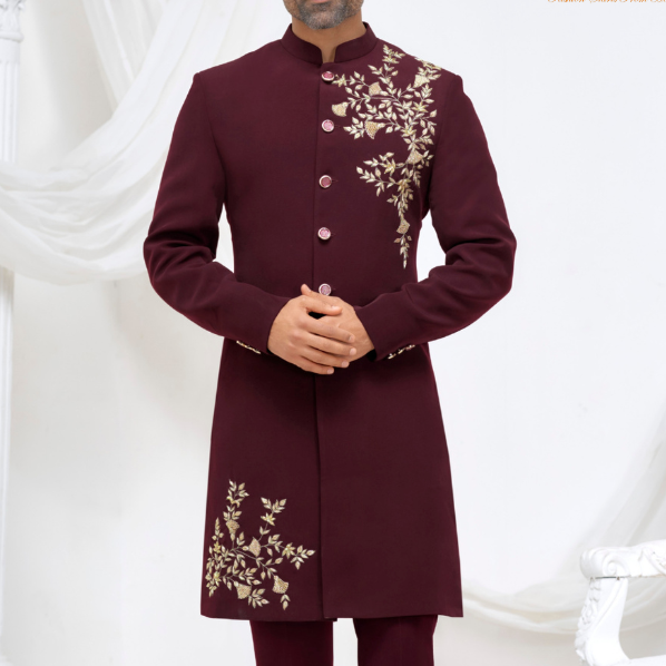 Maroon Sherwani for Groom, Zardozi & Thread Embroidered Indo-Western Sherwani, Wrinkle-Free Fabric