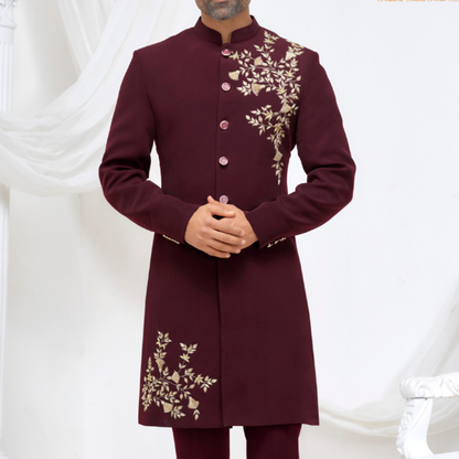 Maroon Sherwani for Groom, Zardozi & Thread Embroidered Indo-Western Sherwani, Wrinkle-Free Fabric