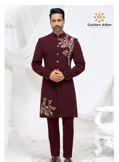 Maroon Sherwani for Groom, Zardozi & Thread Embroidered Indo-Western Sherwani, Wrinkle-Free Fabric