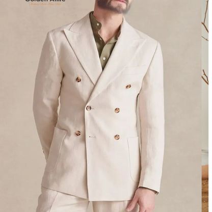 Cream linen double breasted suit, Men Suit, 2 piece suit, Wedding Suit, Effortless Style and Sophistication