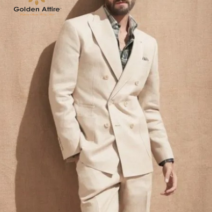Linen double breasted suit, Beige Suit, Men Suits 2 piece, Slim fit Suit,  Dinner Suit. Wedding Suit,  bespoke suit, Groom Suit, Prom suit,