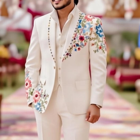 Off-White Zardozi Embroidered Elegant Groom Suit, Hand-Blocked Printing, Custom Indian Wedding Outfit