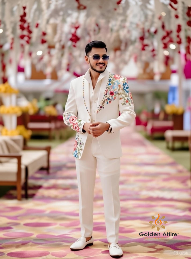 Off-White Zardozi Embroidered Elegant Groom Suit, Hand-Blocked Printing, Custom Indian Wedding Outfit