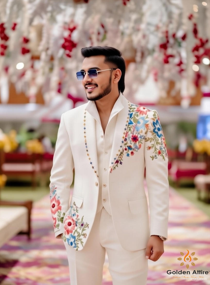 Off-White Zardozi Embroidered Elegant Groom Suit, Hand-Blocked Printing, Custom Indian Wedding Outfit