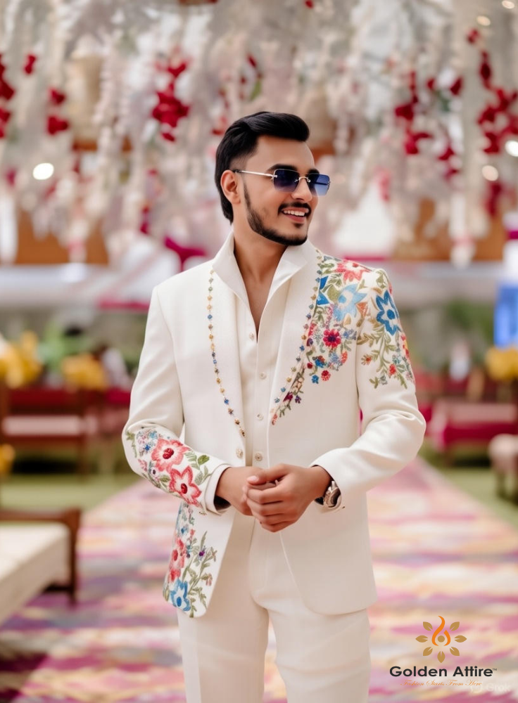 Off-White Zardozi Embroidered Elegant Groom Suit, Hand-Blocked Printing, Custom Indian Wedding Outfit