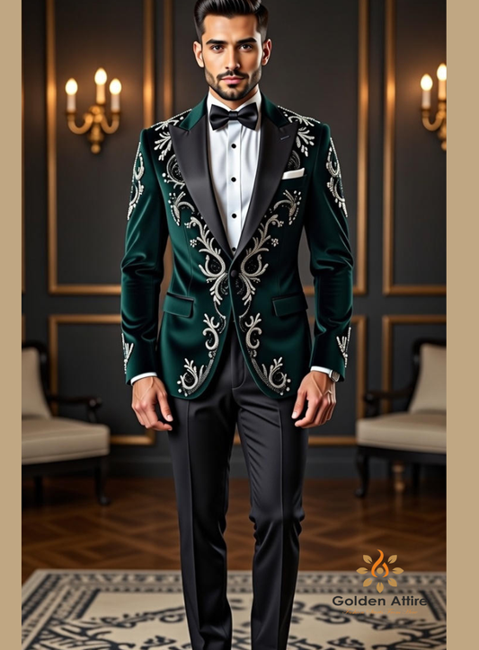 Emerald Velvet Wedding Tuxedo Suit, Zardozi & Thread Embroidered Groom Outfit