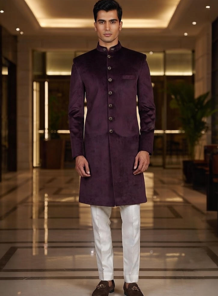 Golden Attire Royal Wine Velvet Sherwani for Groom, Indian Wedding Outfit