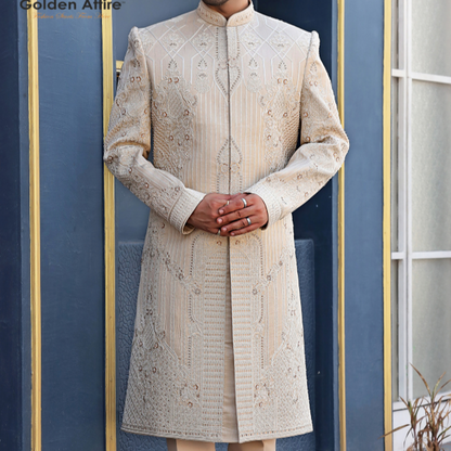 Rose Gold Groom Sherwani Latest Zardozi & Thread Embroidery