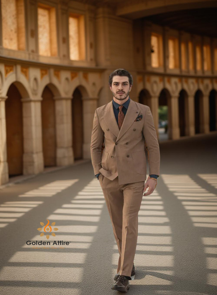 Camel Herringbone Tweed Wedding Suit, Elegant Double-Breasted Groom Suit