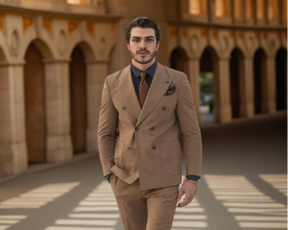 Camel Herringbone Tweed Wedding Suit, Elegant Double-Breasted Groom Suit