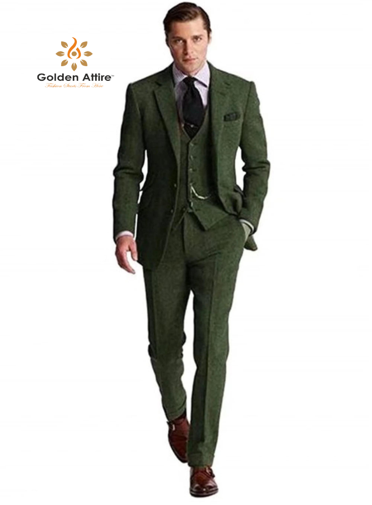 Emerald Tweed 3-Piece Wedding Suit, Premium Wool Groom Attire