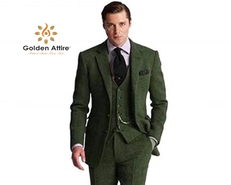 Emerald Tweed 3-Piece Wedding Suit, Premium Wool Groom Attire