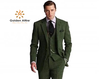 Emerald Tweed 3-Piece Wedding Suit, Premium Wool Groom Attire