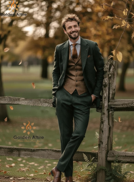 Premium Green Tweed 3-Piece Wedding Suit. Elegant Groom Outfit with brown Waistcoat