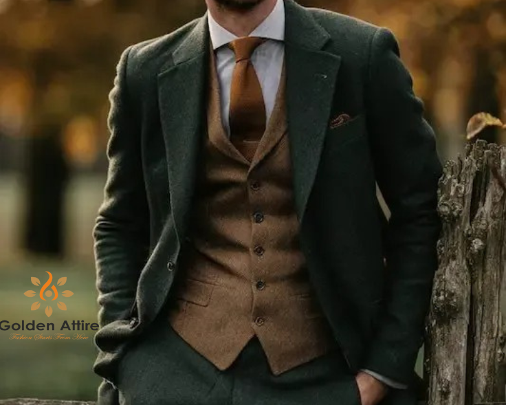 Premium Green Tweed 3-Piece Wedding Suit. Elegant Groom Outfit with brown Waistcoat